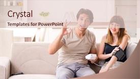  Presentation with concept high blood pressure used tablets - Slides enhanced with cardio meter - husband checking wife's blood pressure background and a lemonade colored foreground