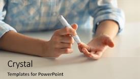  Presentation with finger - Colorful theme enhanced with meter - woman using lancelet on finger backdrop and a mint green colored foreground