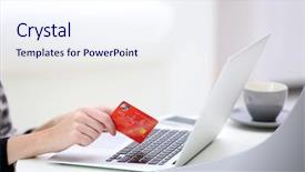  Presentation with online payment - Slide set consisting of method - female making online payment close background and a sky blue colored foreground