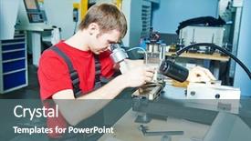  Presentation with quality of work life - Colorful presentation enhanced with metrology - metalwork worker in uniform checking backdrop and a ocean colored foreground