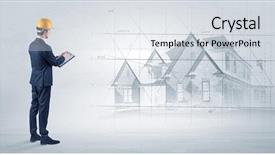  Presentation with architect - Slide deck having metrics - architect standing and watching background and a sky blue colored foreground