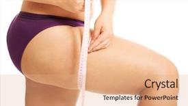  Presentation with fat metabolism - Presentation design featuring metrics - fat woman measuting her thigh background and a coral colored foreground