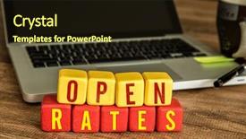  Presentation with cube - Audience pleasing PPT layouts consisting of metrics - open rates written backdrop and a wine colored foreground