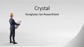  Presentation with cost saving construction - Cool new presentation theme with metrics - young architect with construction helmet backdrop and a light gray colored foreground