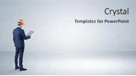  Presentation with construction - Audience pleasing presentation consisting of metrics - young architect with construction helmet backdrop and a sky blue colored foreground