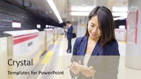  Presentation with station - Colorful PPT layouts enhanced with metro japan urban public - businesswoman use of cellphone backdrop and a soft green colored foreground