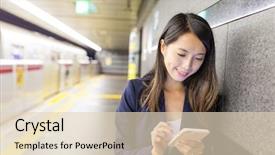  Presentation with mobile use - PPT layouts having urban mobility - businesswoman use of mobile phone background and a lemonade colored foreground