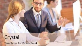  Presentation with work - Cool new presentation theme with mettings - business colleagues discussing work issues backdrop and a  colored foreground
