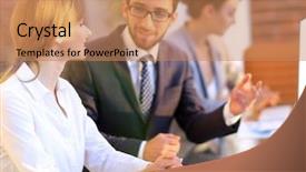  Presentation with business remote work - Presentation theme having mettings - business colleagues discussing work issues background and a  colored foreground