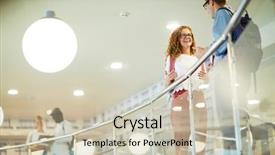  Presentation with cheerful stylish city girl using - Slides having mettings - cheerful girl met one background and a  colored foreground