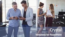  Presentation with creative - Audience pleasing presentation theme consisting of mettings - male busienss colleagues using mobile backdrop and a  colored foreground