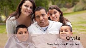 Presentation with portrait happy family smiling - PPT theme consisting of mexican - happy hispanic family portrait background and a coral colored foreground