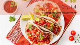  Presentation with salsa guacamole - Slide set with mexican beef and pork tacos with salsa guacamole and vegetables background and a red colored foreground