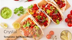 Presentation with salsa guacamole - Slide set enhanced with mexican beef and pork tacos with salsa guacamole and vegetables background and a coral colored foreground