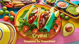  Presentation with mexican fajitas - Audience pleasing slides consisting of mexican chicken and beef fajitas tacos in colorful table with sauce backdrop and a tawny brown colored foreground