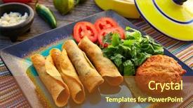  Presentation with tacos - Slide deck featuring mexican flautas rolled tacos with salsa and mexico food ingredients background and a tawny brown colored foreground