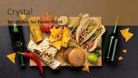  Presentation with burgers - Presentation theme enhanced with mexican-food-featuring-tacos-burritos background and a gold colored foreground