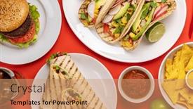  Presentation with burgers - Slide set with mexican-food-featuring-tacos-burritos background and a coral colored foreground