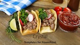  Presentation with mexican food - Colorful presentation theme enhanced with mexican food tacos on wooden table closeup backdrop and a coral colored foreground