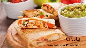  Presentation with mexican food - PPT theme enhanced with mexican quesadillas with chicken meat background and a gold colored foreground
