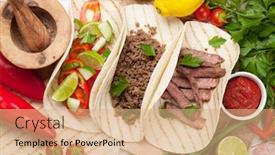  Presentation with mexican cooking - Beautiful PPT theme featuring mexican tacos with meat and vegetables cooking and ingredients backdrop and a coral colored foreground
