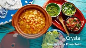  Presentation with corn - Audience pleasing theme consisting of habanero - pozole with mote big corn backdrop and a ocean colored foreground