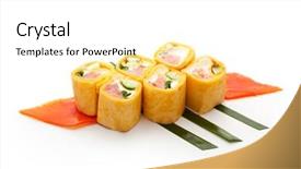  Presentation with cucumber cream - PPT theme with mexico maki sushi - roll made of smoked salmon cream cheese cucumber and spring onion inside mexican pancake outside served on salad leaf background and a white colored foreground