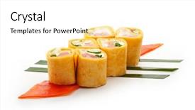  Presentation with cucumber cream - Audience pleasing PPT theme consisting of mexico maki sushi - roll made of smoked salmon cream cheese cucumber and spring onion inside mexican pancake outside served on salad leaf backdrop and a white colored foreground