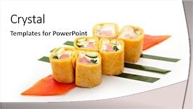  Presentation with cucumber cream - Colorful presentation design enhanced with mexico maki sushi - roll made of smoked salmon cream cheese cucumber and spring onion inside mexican pancake outside served on salad leaf backdrop and a white colored foreground