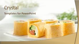  Presentation with cucumber cream - Theme with mexico maki sushi - roll made of smoked salmon cream cheese cucumber and spring onion inside mexican tortilla outside background and a cream colored foreground