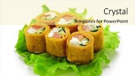  Presentation with cucumber cream - PPT theme enhanced with mexico maki sushi - roll made of smoked salmon cream cheese cucumber and spring onion inside mexican pancake ouside served on salad leaf background and a blonde colored foreground