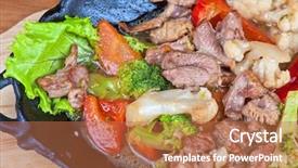  Presentation with dairy produce meat vegetables - Presentation theme consisting of mexico oil - meat with vegetables at frying background and a  colored foreground