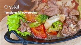  Presentation with frying - Amazing PPT theme having mexico oil - meat with vegetables at frying backdrop and a coral colored foreground