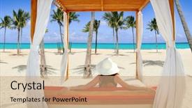  Presentation with tropical beach party - Beautiful slide set featuring mexico vacation - gazebo tropical beach with woman backdrop and a  colored foreground
