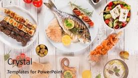  Presentation with greek - Beautiful presentation featuring greek food background traditional different greek dishes top view close-up backdrop and a coral colored foreground