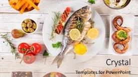  Presentation with greek - Cool new slide set with greek food background traditional different greek dishes top view close-up backdrop and a lemonade colored foreground