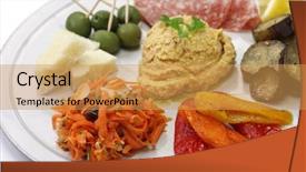  Presentation with appetizers - Slide set with assortment of appetizers antipasto platter background and a yellow colored foreground