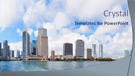  Presentation with miami - Presentation design having miami skyline panorama in the day with urban skyscrapers and cloudy sky over sea background and a sky blue colored foreground