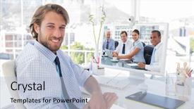  Presentation with people - PPT theme featuring mice men - business people brainstorming against smiling background and a light blue colored foreground