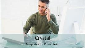  Presentation with laptop - Colorful slides enhanced with mice men - happy man phoning and using backdrop and a  colored foreground