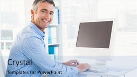  Presentation with keyboard - Presentation theme with mice men - smiling man typing on keyboard background and a  colored foreground