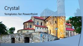  Presentation with church - Presentation theme enhanced with multicolored plastic pseudo football balls in net back on sale outdoors on sunny day background and a tawny brown colored foreground