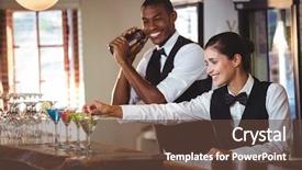  Presentation with cocktail bar - Beautiful PPT theme featuring micology - smiling female bartender garnishing cocktail backdrop and a tawny brown colored foreground