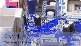  Presentation with microchips on electronic circuit board - Slides enhanced with micro controller networking - electronic circuit board close up background and a  colored foreground