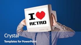  Presentation with old young - Presentation theme with micro robots - young person with monitor head background and a ocean colored foreground