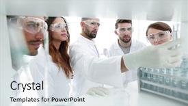  Presentation with group - Slide set enhanced with microbiologists studying the liquid background and a sky blue colored foreground