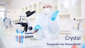  Presentation with test tube laboratory - Beautiful PPT theme featuring microbiology - concentrated female researcher wearing hazmat backdrop and a sky blue colored foreground
