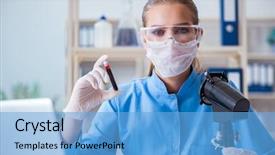  Presentation with microbiology - Theme enhanced with microbiology - female scientist researcher conducting background and a light blue colored foreground