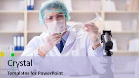  Presentation with forensics - Theme featuring microbiology - forensics investigator working in lab background and a light blue colored foreground