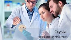  Presentation with laboratory microbiology - Audience pleasing presentation consisting of microbiology - group of scientists working backdrop and a light blue colored foreground